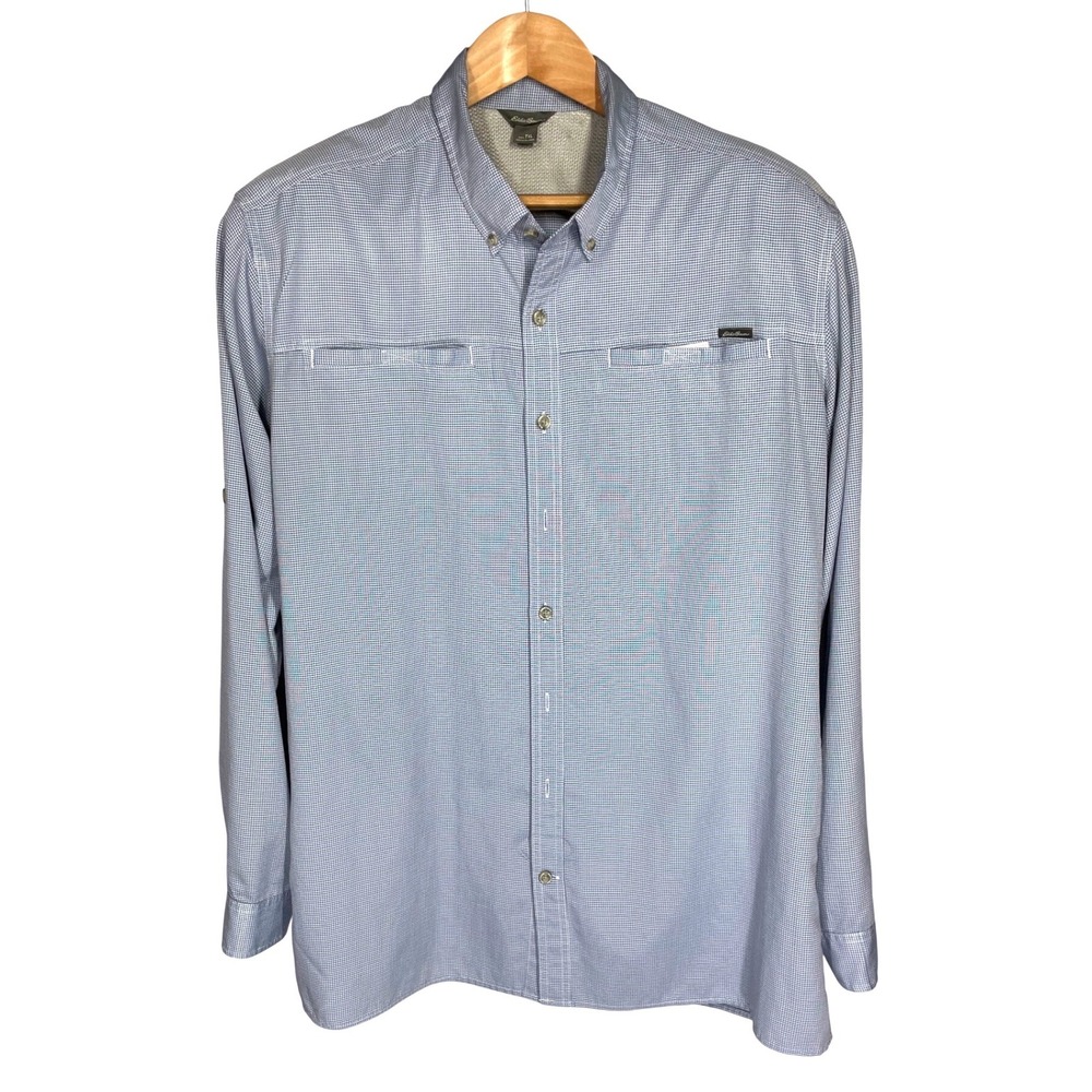 Eddie Bauer Mens TXL Blue Micro Check Roll Tab Sleeve Performance Shirt Hiking